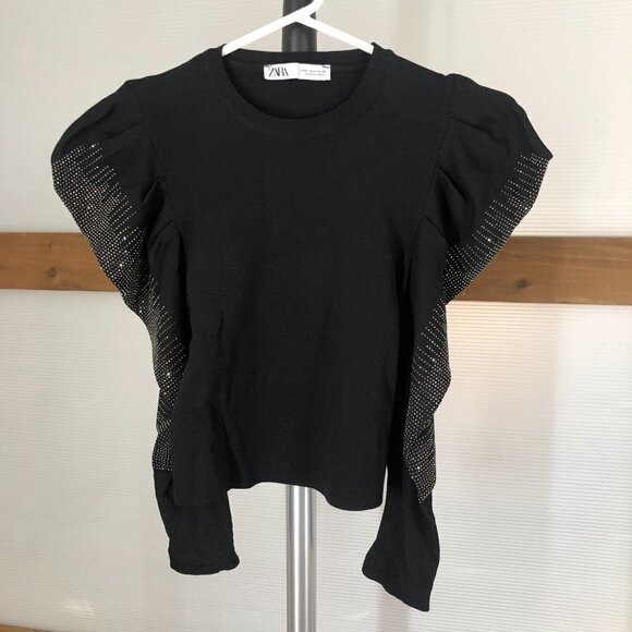 Zara Big Shoulder Sparkle Rhinestone 3/4 Sleeve Knit Top Sz‎ S - Picture 2 of 9